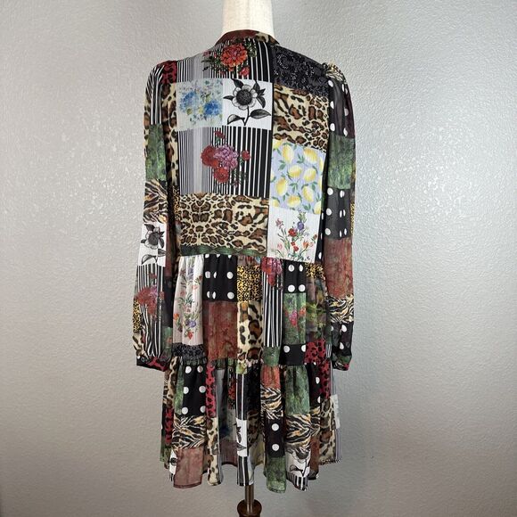 Desigual Womens Chiffon Patchwork Tiered Dress Size M Medium Long Sleeve - Picture 5 of 9